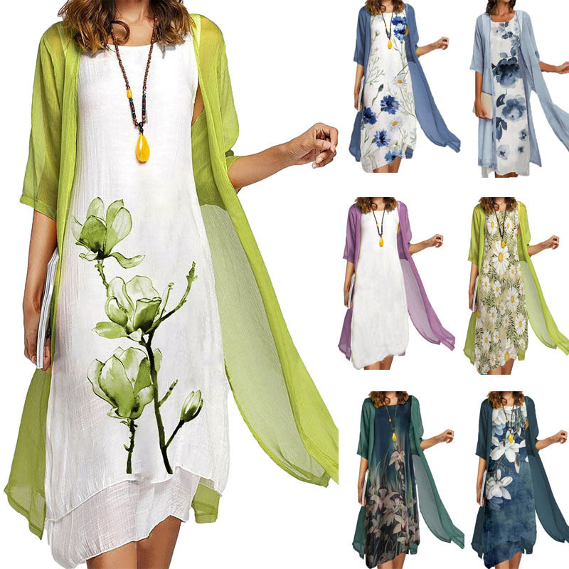 2024 European and American Amazon Summer New Women's Casual dress Two-piece Printed Round Neck Slim-fit Dress for Women