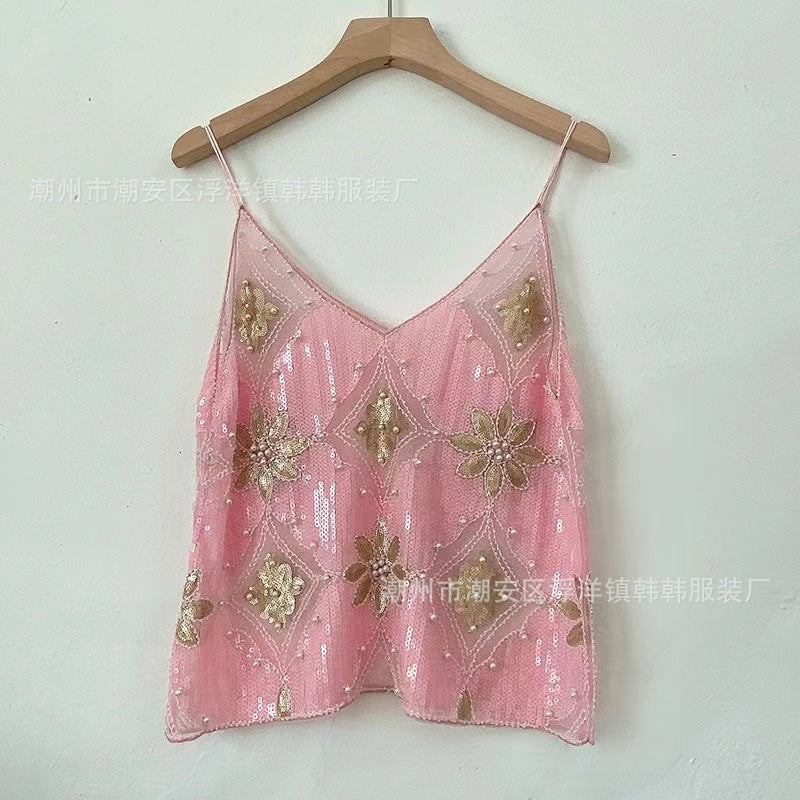 Niche Summer Women's Heavy-Duty Sequined Beaded Sling with Sexy Slimming Look Short V Neck Vest with a Sense of Design and Pure Lust Style