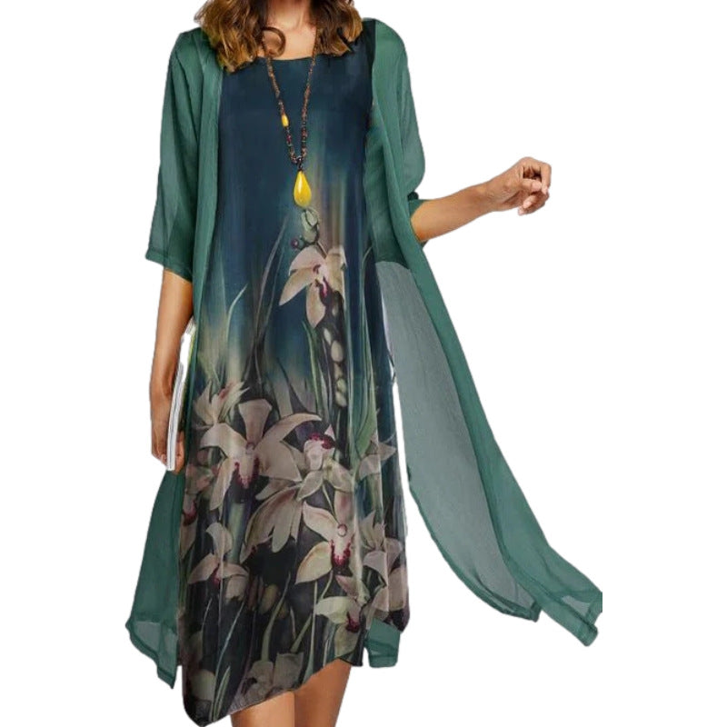 2024 European and American Amazon Summer New Women's Casual dress Two-piece Printed Round Neck Slim-fit Dress for Women