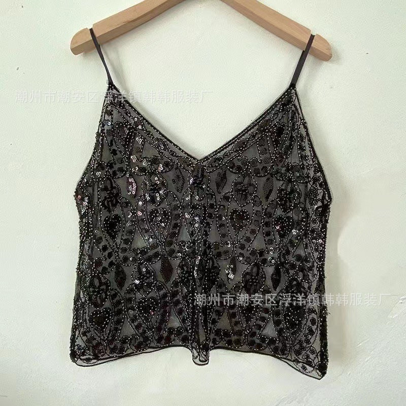 Niche Summer Women's Heavy-Duty Sequined Beaded Sling with Sexy Slimming Look Short V Neck Vest with a Sense of Design and Pure Lust Style