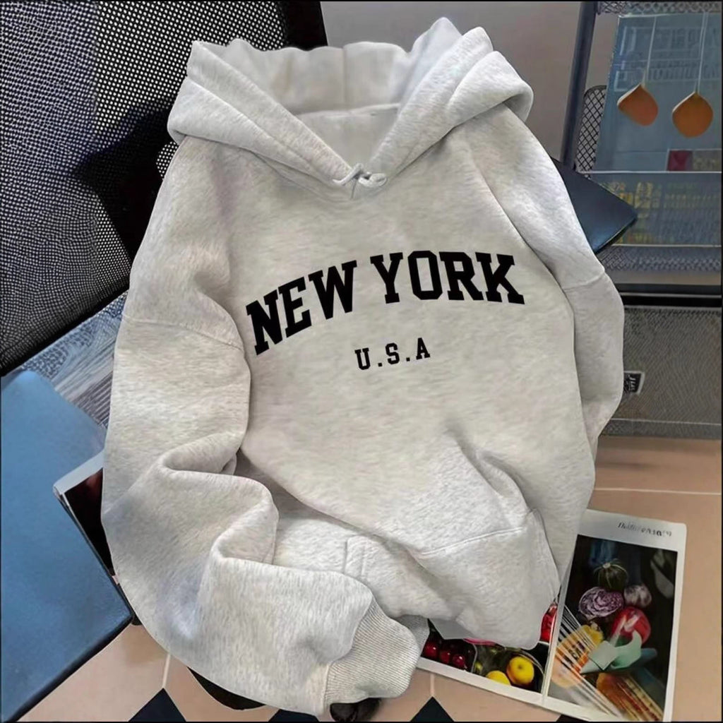 American Retro Letter Print Mid-Length Casual Hooded Sweatshirt Jacket Loose and Versatile Long-Sleeved Top for Women in Autumn
