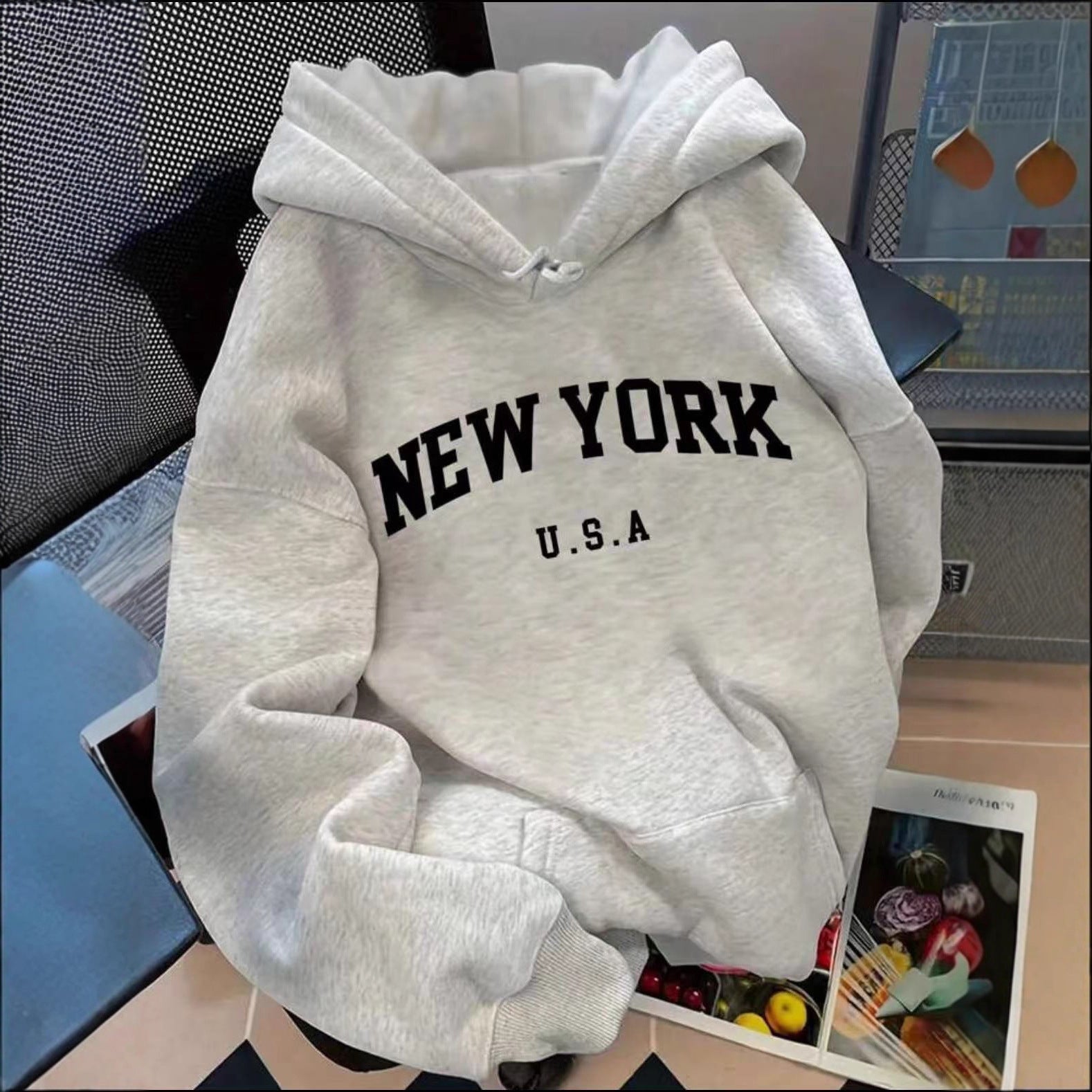American Retro Letter Print Mid-Length Casual Hooded Sweatshirt Jacket Loose and Versatile Long-Sleeved Top for Women in Autumn