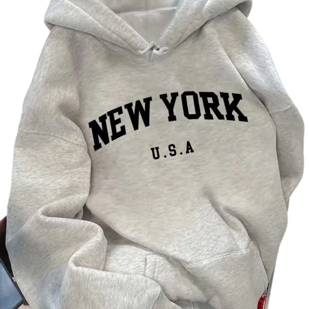 American Retro Letter Print Mid-Length Casual Hooded Sweatshirt Jacket Loose and Versatile Long-Sleeved Top for Women in Autumn