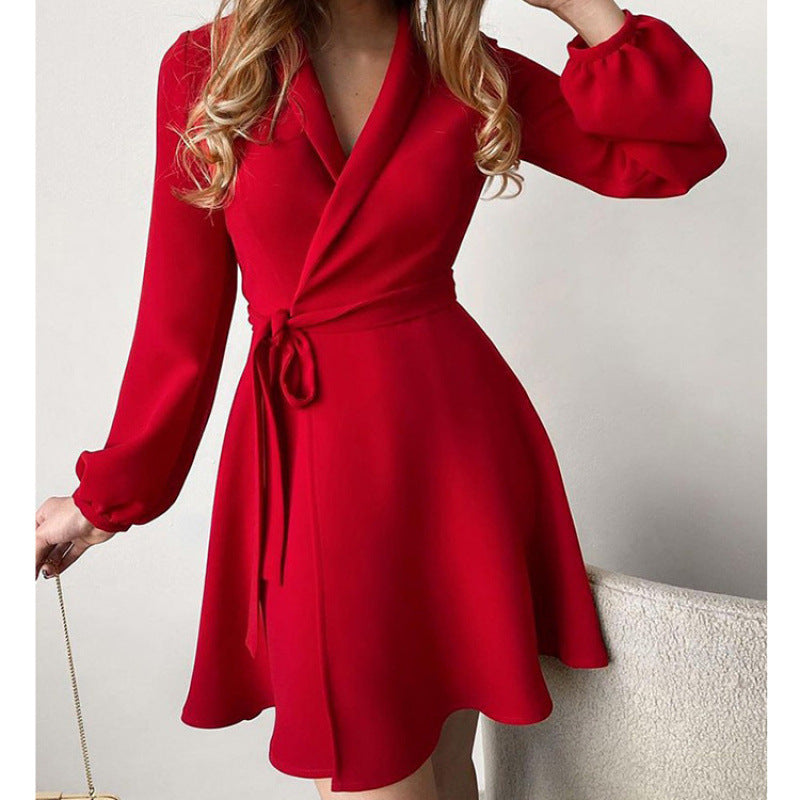 2024 Autumn and Winter Cross-border Trend European and American Women's Foreign Trade Elegant One-piece Color-matching Lace-up dress