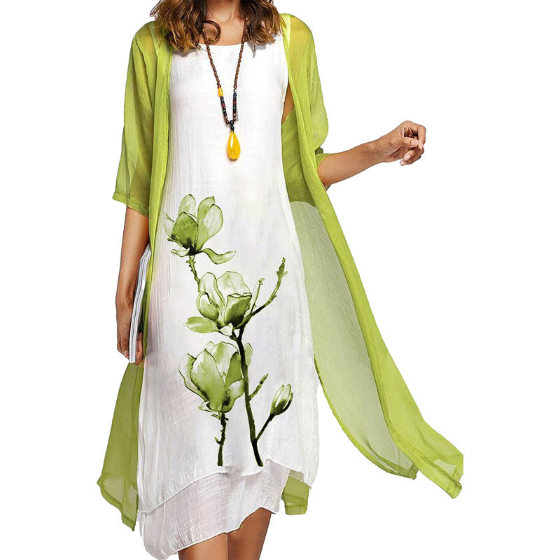2024 European and American Amazon Summer New Women's Casual dress Two-piece Printed Round Neck Slim-fit Dress for Women