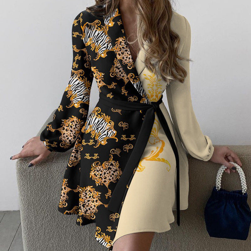 2024 Autumn and Winter Cross-border Trend European and American Women's Foreign Trade Elegant One-piece Color-matching Lace-up dress