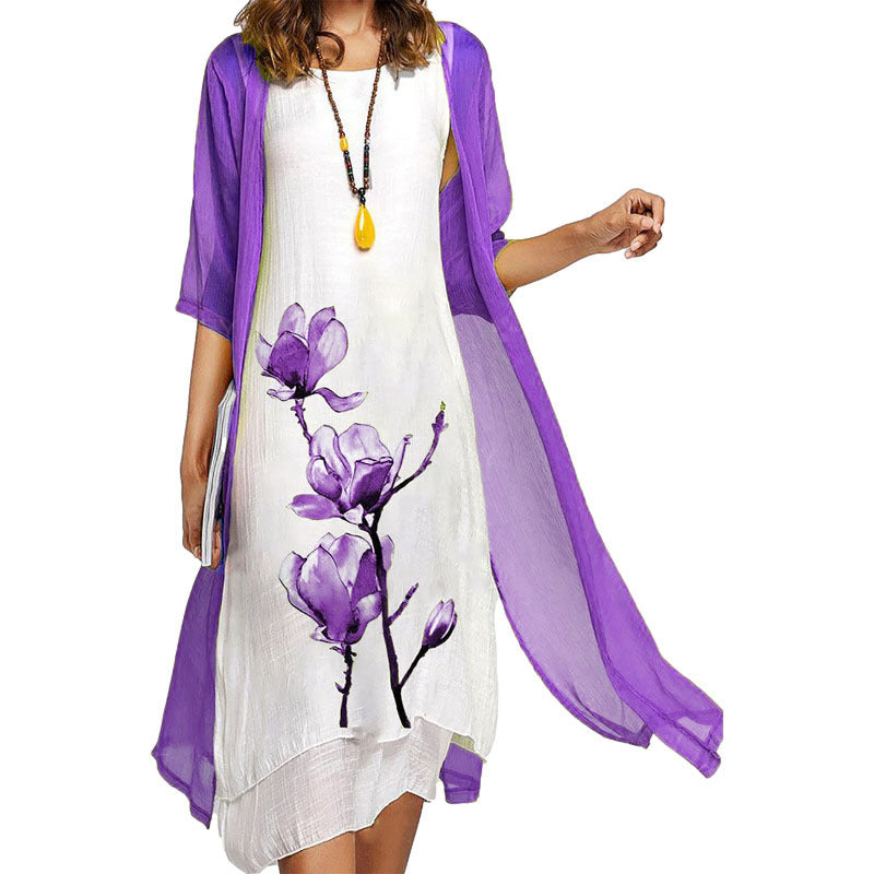 2024 European and American Amazon Summer New Women's Casual dress Two-piece Printed Round Neck Slim-fit Dress for Women