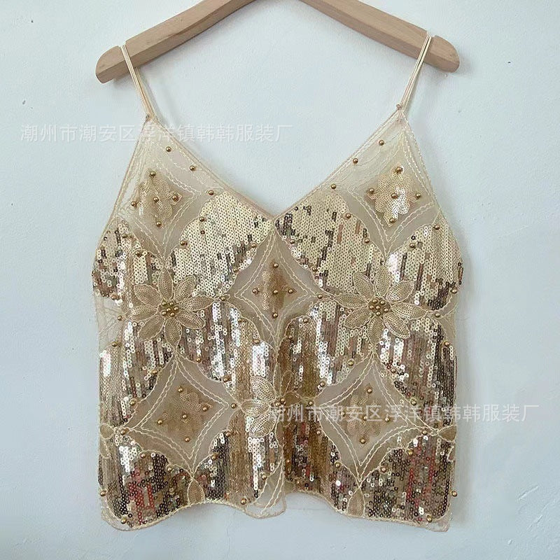 Niche Summer Women's Heavy-Duty Sequined Beaded Sling with Sexy Slimming Look Short V Neck Vest with a Sense of Design and Pure Lust Style