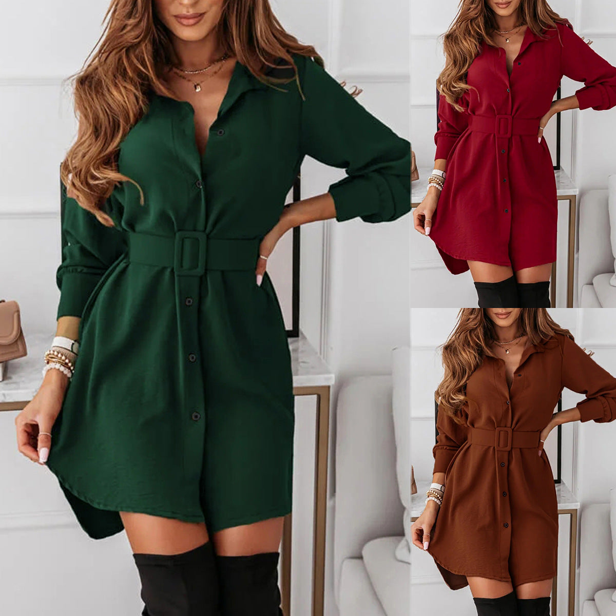 2022 Autumn and Winter Independent Station Wish Amazon Ebay Single-Breasted Belt Elegant Slim Long-Sleeved Lapel Dress