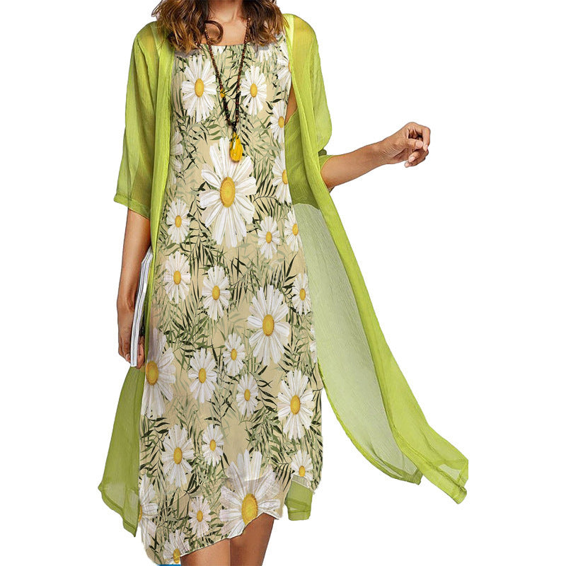 2024 European and American Amazon Summer New Women's Casual dress Two-piece Printed Round Neck Slim-fit Dress for Women