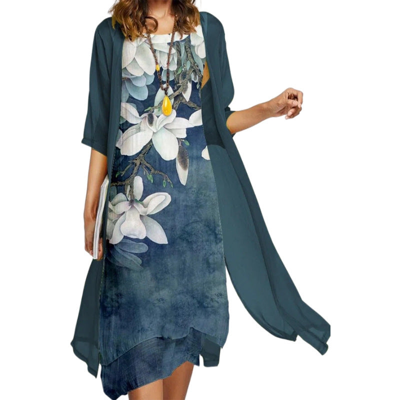 2024 European and American Amazon Summer New Women's Casual dress Two-piece Printed Round Neck Slim-fit Dress for Women