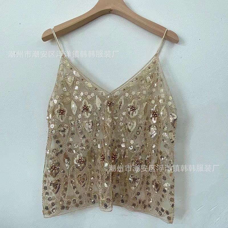 Niche Summer Women's Heavy-Duty Sequined Beaded Sling with Sexy Slimming Look Short V Neck Vest with a Sense of Design and Pure Lust Style