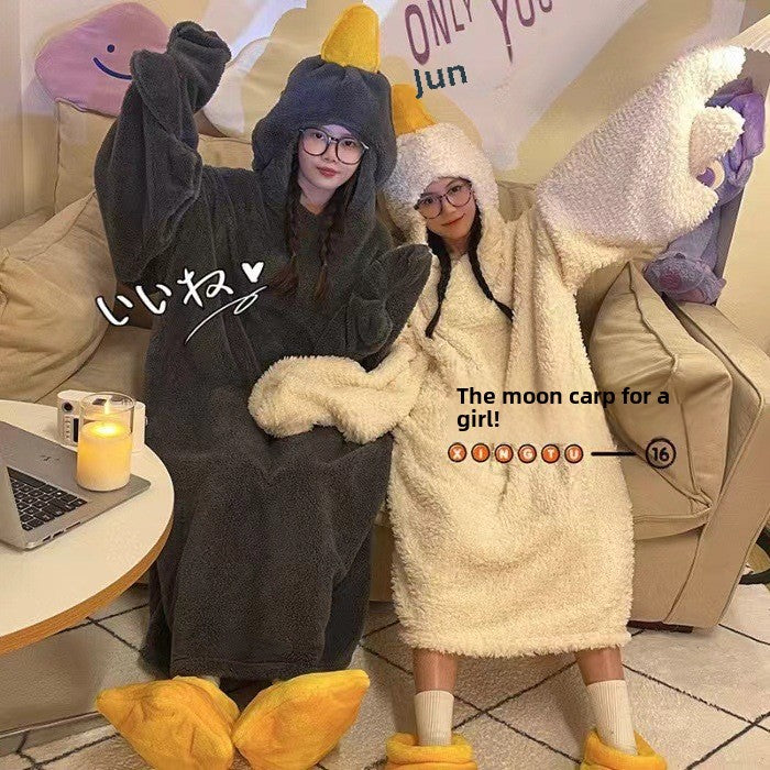 New Big Goose Coral Velvet Pajamas for Men and Women in Winter Funny Couple Cute Cartoon Elizabeth Duck Home Clothes