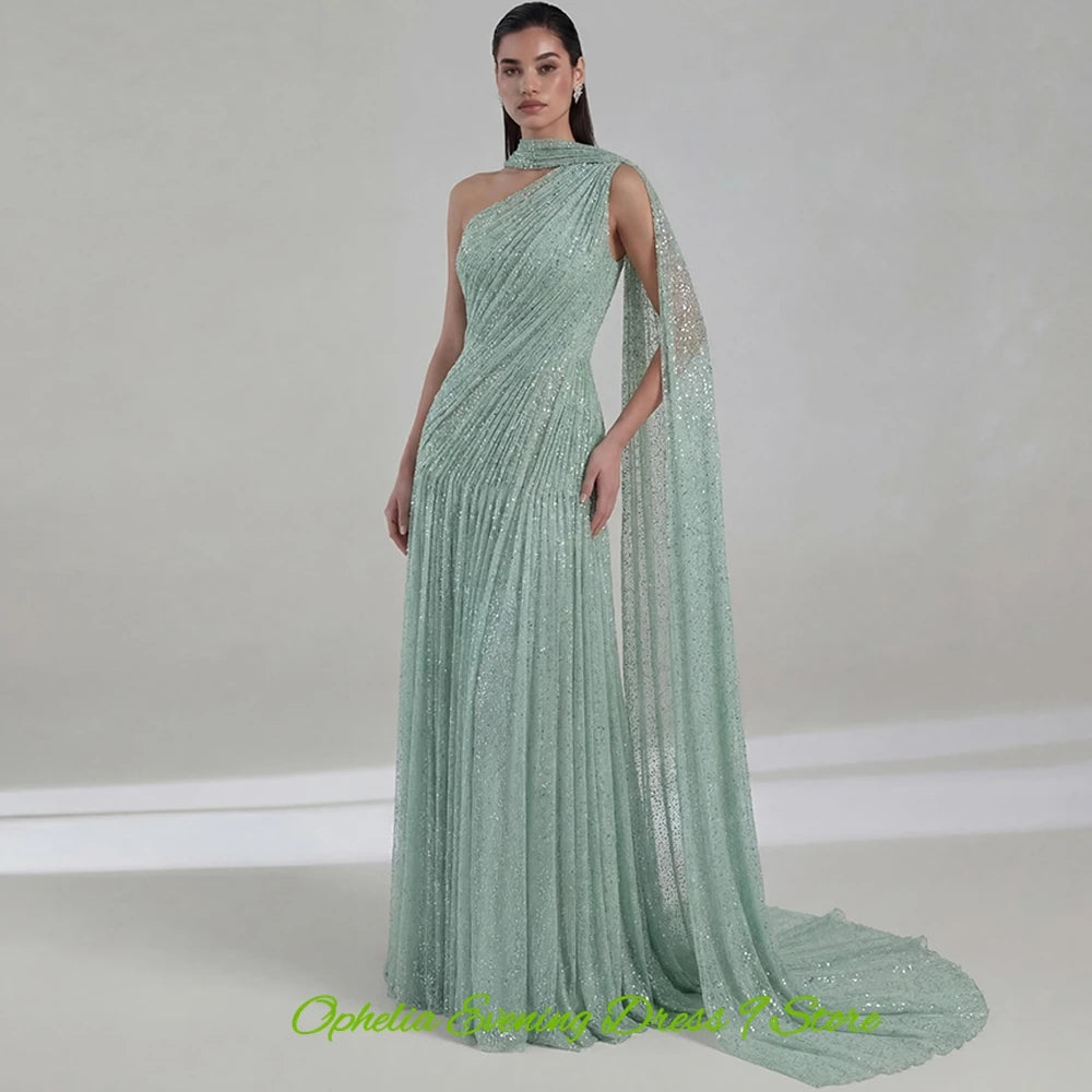 Elegant Green Tulle Evening Dress Exquisite Watteau Train Prom Dresses Fashion One Shoulder Customized Special Occasion Gowns