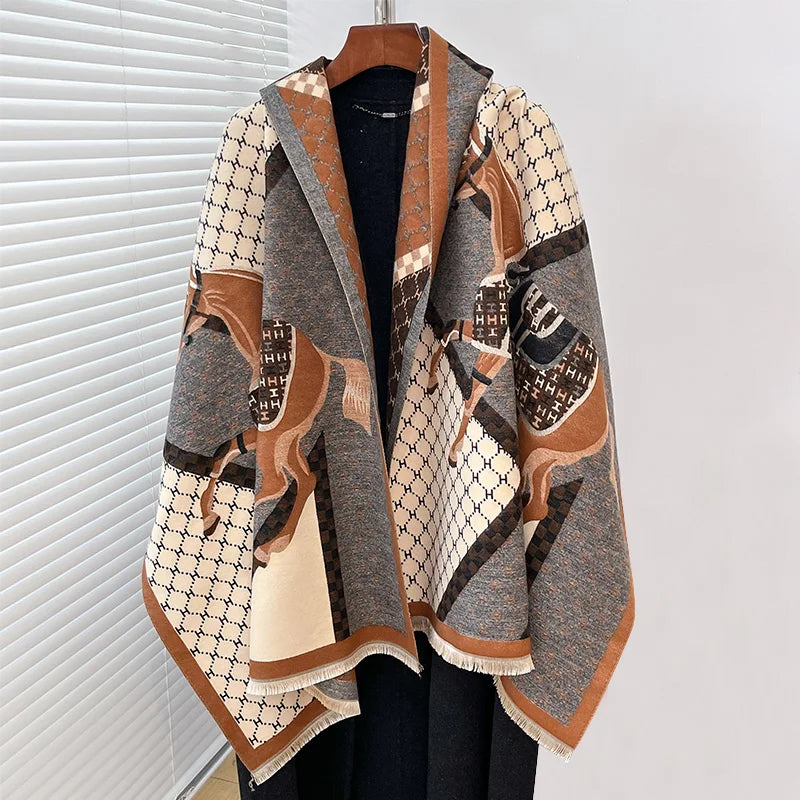 Elegant Ladies' Pashmina Jacquard Scarf Winter Thick Warmth Two-Sided The Horse Shawl Coldproof Windproof Blanket Scarf