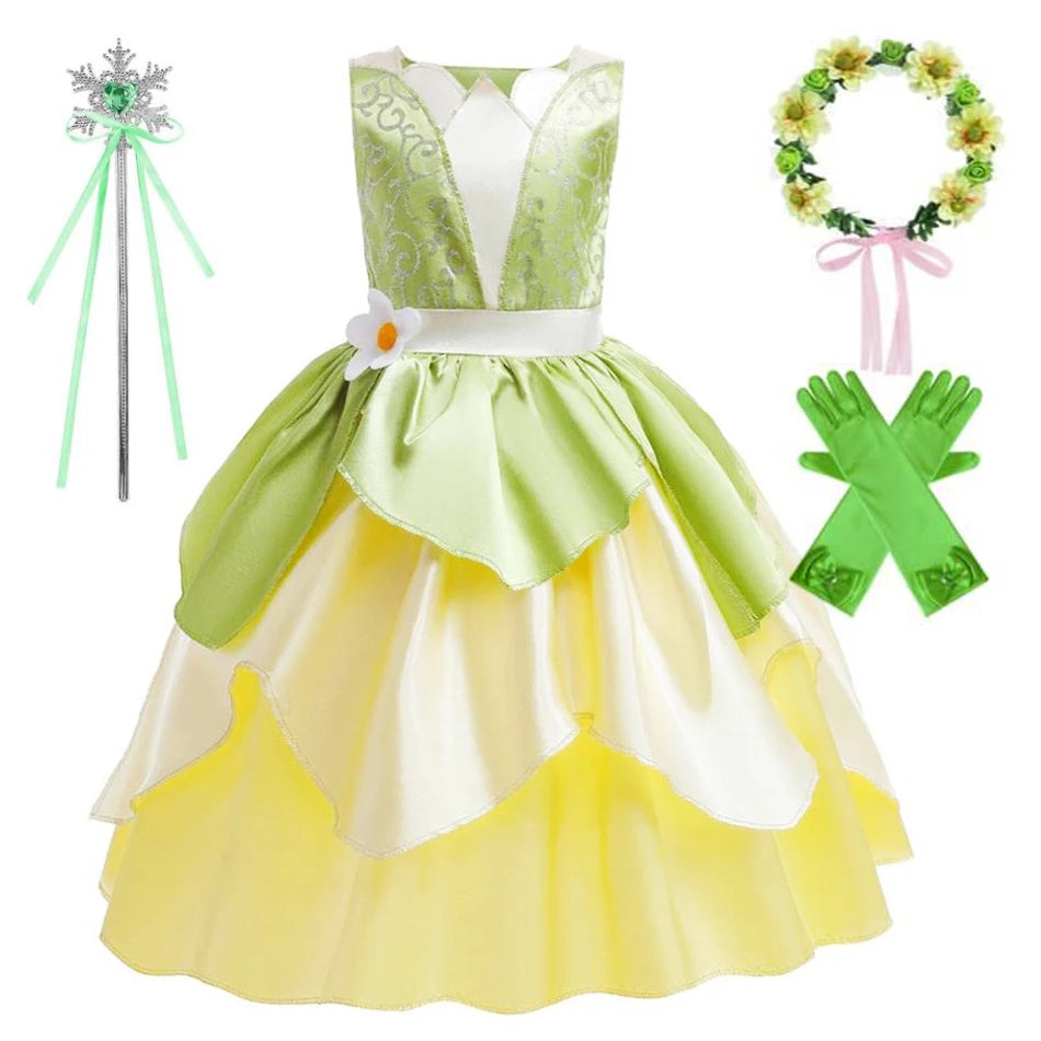 Tiana Costume Girl Dress Up Princess Girls Cosplay Role Playing Party Costumes Children Sleeveless Carnival Princess  Dresses
