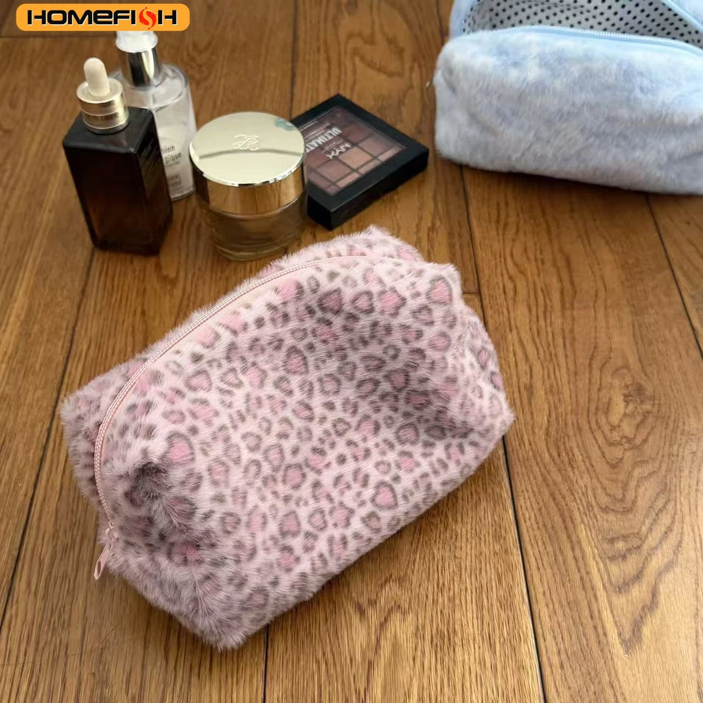 HOMEFISH Durable Fuzzy Makeup Bag Large Capacity Leopard Print Toiletry Organizer Portable Cosmetic Bag Girls Travel Storage