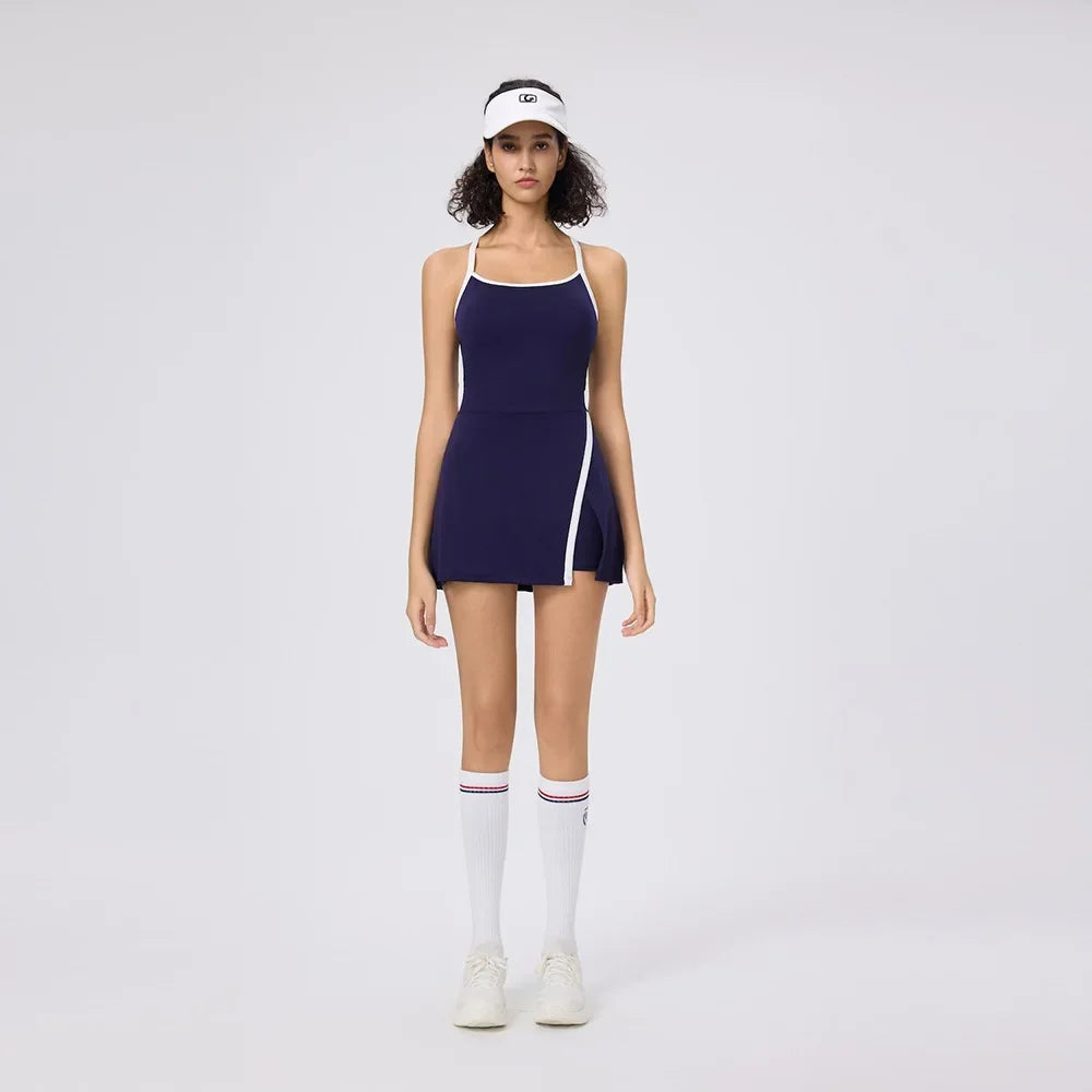 Tennis Dress with Shorts Women Golf Wear Gym Workout Clothes Sleeveless Backless Badminton Dresses Lady Summer Casual Skirts