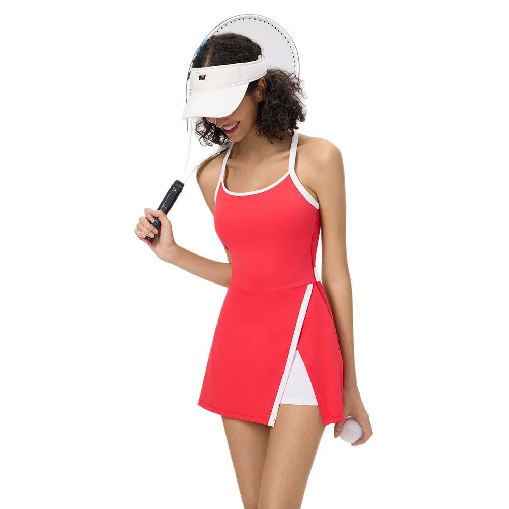 Tennis Dress with Shorts Women Golf Wear Gym Workout Clothes Sleeveless Backless Badminton Dresses Lady Summer Casual Skirts
