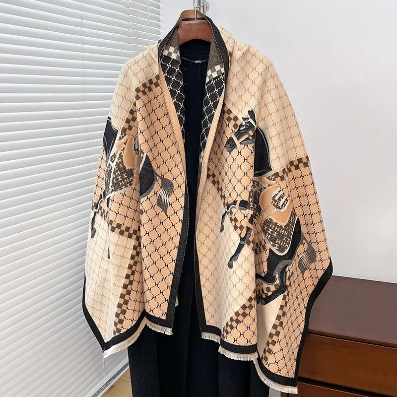Elegant Ladies' Pashmina Jacquard Scarf Winter Thick Warmth Two-Sided The Horse Shawl Coldproof Windproof Blanket Scarf