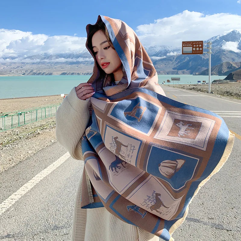 Luxury Winter Cashmere Scarf Women Horse Print Warm Pashmina Blanket Poncho Scarves Female Shawl Wraps Thick Foulard Bufanda