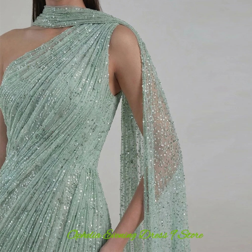 Elegant Green Tulle Evening Dress Exquisite Watteau Train Prom Dresses Fashion One Shoulder Customized Special Occasion Gowns