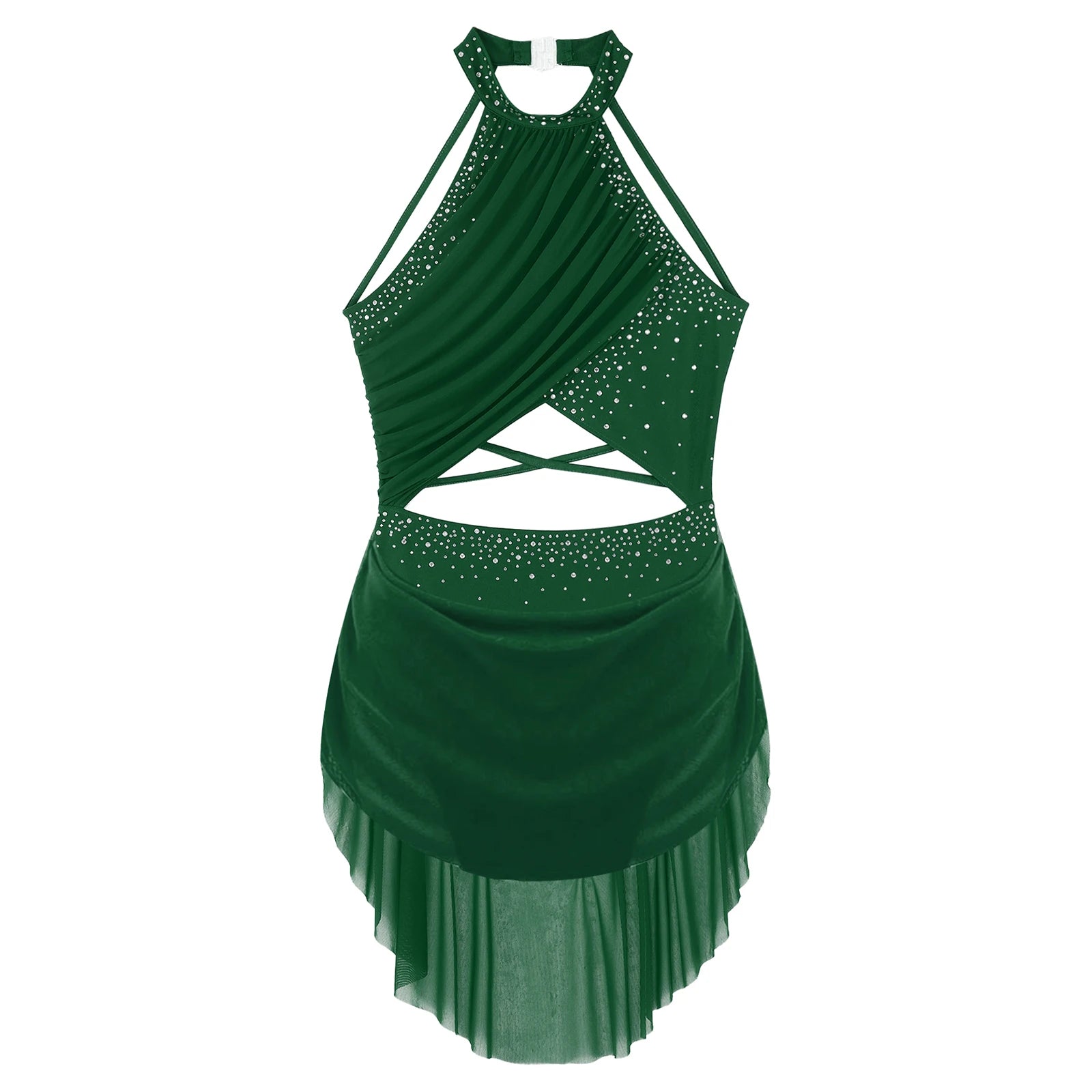 Womens Ballet Tutu Dresses Lyrical Modern Dress Stage Performance Costume Sheer Mesh Rhinestone Skating Gymnastics Leotard Dress
