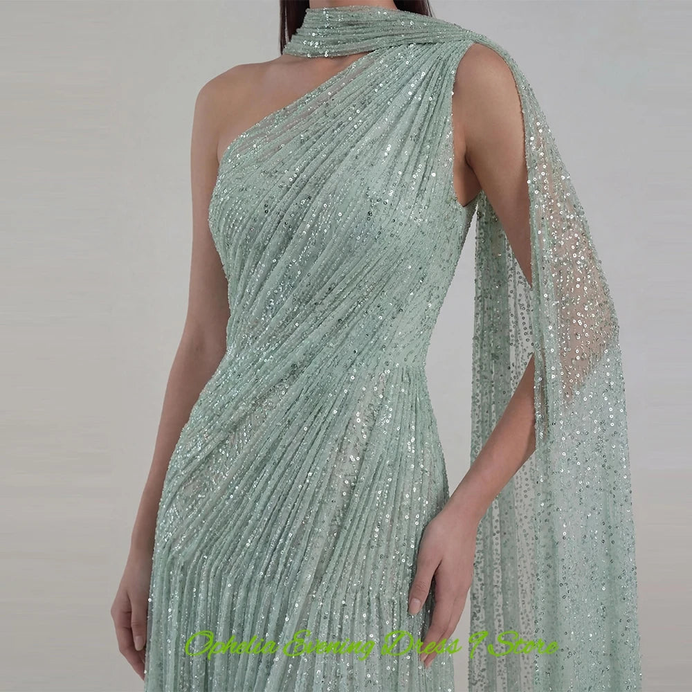 Elegant Green Tulle Evening Dress Exquisite Watteau Train Prom Dresses Fashion One Shoulder Customized Special Occasion Gowns