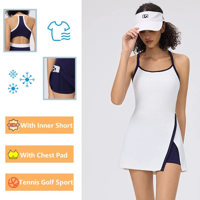 Tennis Dress with Shorts Women Golf Wear Gym Workout Clothes Sleeveless Backless Badminton Dresses Lady Summer Casual Skirts