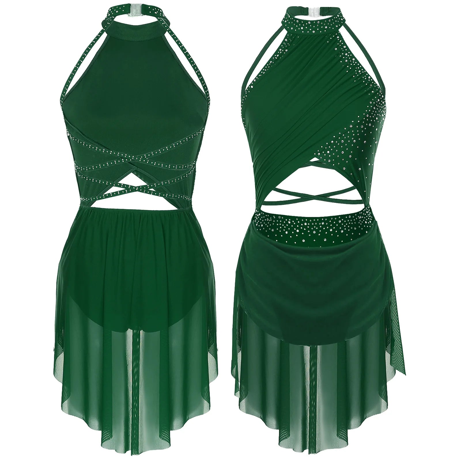 Womens Ballet Tutu Dresses Lyrical Modern Dress Stage Performance Costume Sheer Mesh Rhinestone Skating Gymnastics Leotard Dress