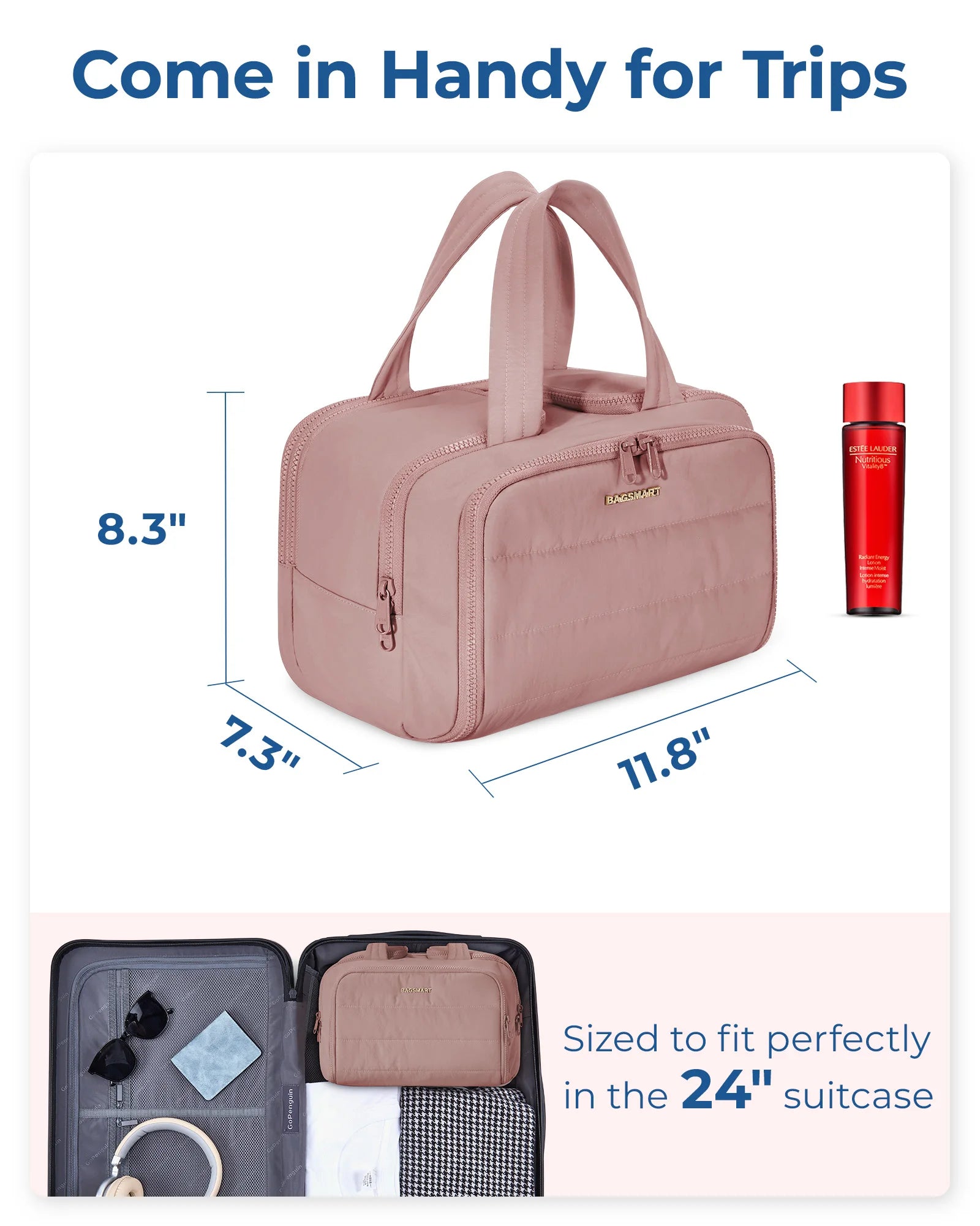 BAGSMART Large Capacity Travel Toiletry Bag Opening Makeup Bag Portable Cosmetic Storage Bag With Handle For Accessories Toiletr