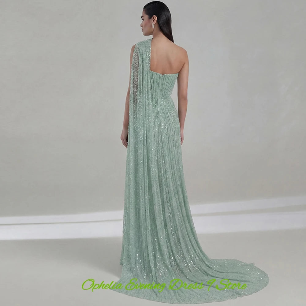 Elegant Green Tulle Evening Dress Exquisite Watteau Train Prom Dresses Fashion One Shoulder Customized Special Occasion Gowns