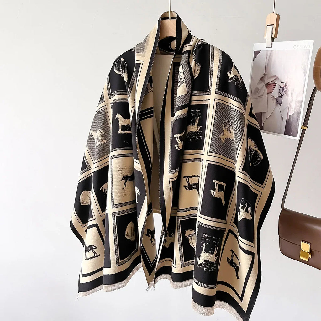 Luxury Winter Cashmere Scarf Women Horse Print Warm Pashmina Blanket Poncho Scarves Female Shawl Wraps Thick Foulard Bufanda