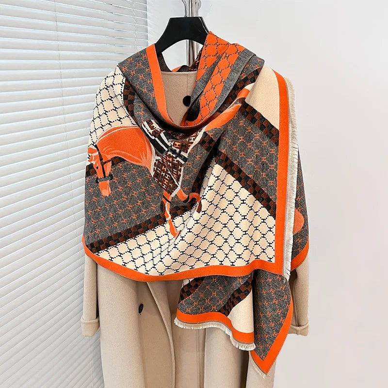 Elegant Ladies' Pashmina Jacquard Scarf Winter Thick Warmth Two-Sided The Horse Shawl Coldproof Windproof Blanket Scarf