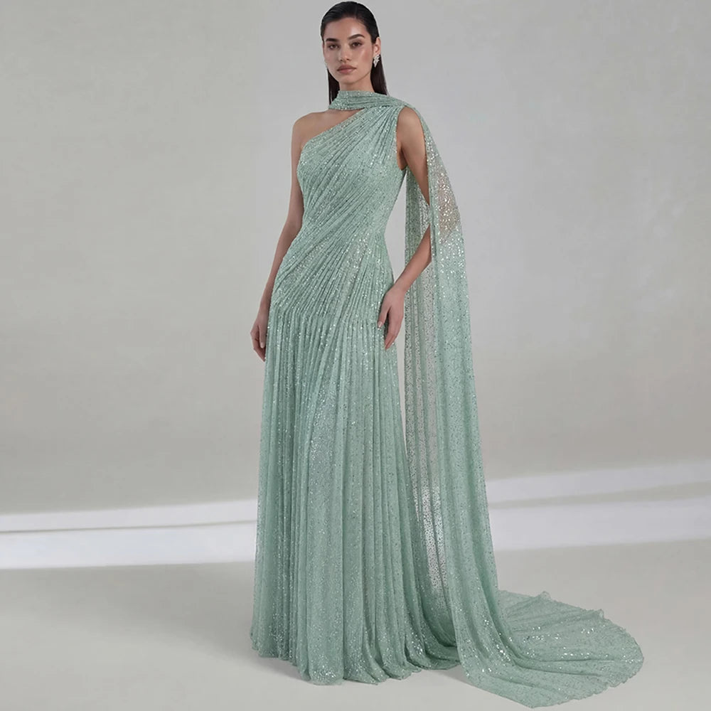 Elegant Green Tulle Evening Dress Exquisite Watteau Train Prom Dresses Fashion One Shoulder Customized Special Occasion Gowns