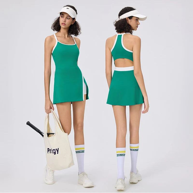 Tennis Dress with Shorts Women Golf Wear Gym Workout Clothes Sleeveless Backless Badminton Dresses Lady Summer Casual Skirts