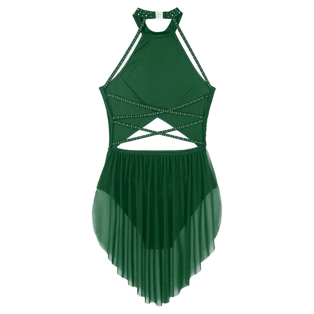 Womens Ballet Tutu Dresses Lyrical Modern Dress Stage Performance Costume Sheer Mesh Rhinestone Skating Gymnastics Leotard Dress