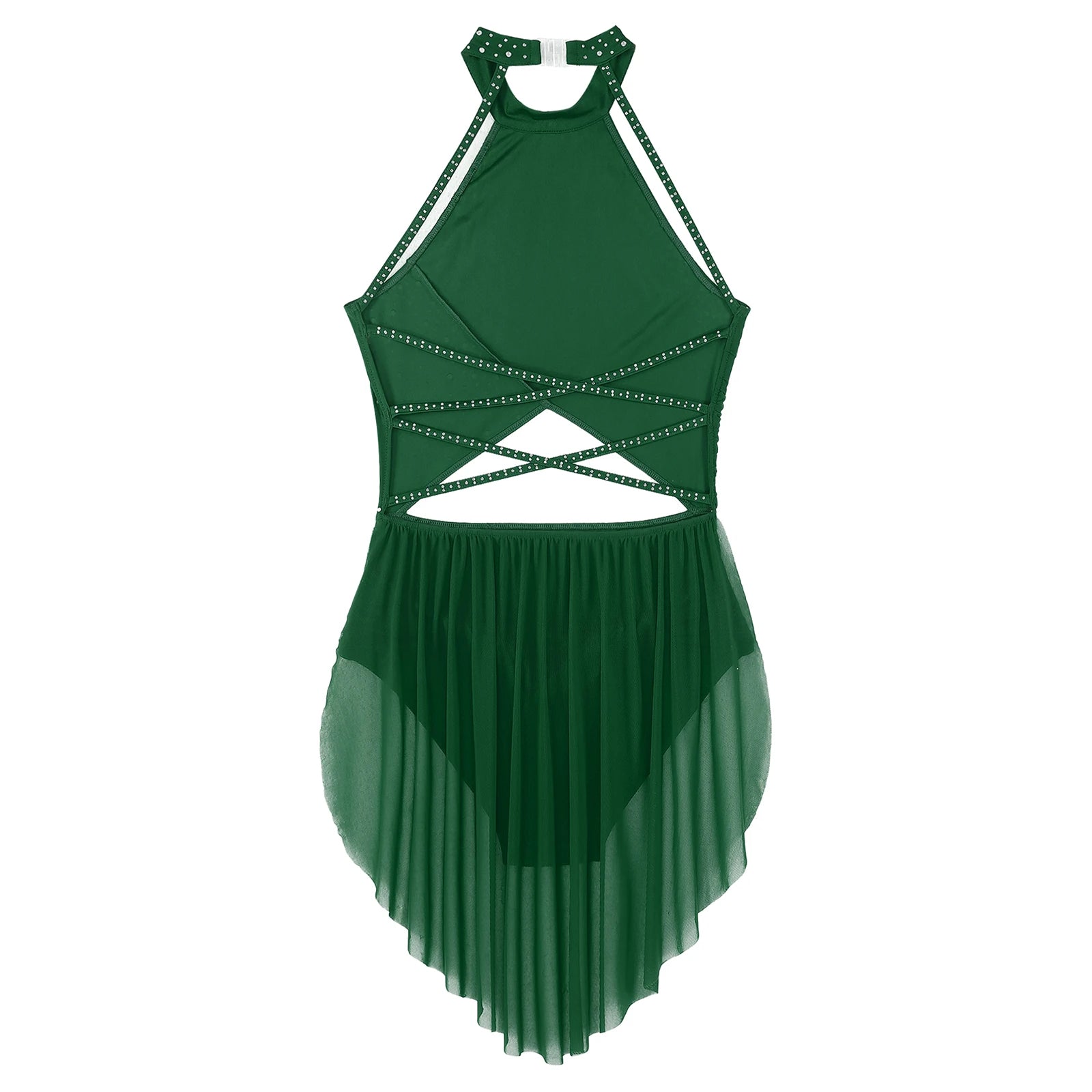 Womens Ballet Tutu Dresses Lyrical Modern Dress Stage Performance Costume Sheer Mesh Rhinestone Skating Gymnastics Leotard Dress