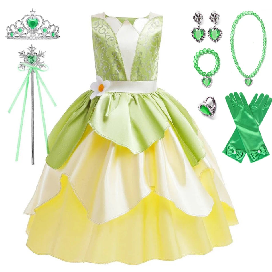 Tiana Costume Girl Dress Up Princess Girls Cosplay Role Playing Party Costumes Children Sleeveless Carnival Princess  Dresses