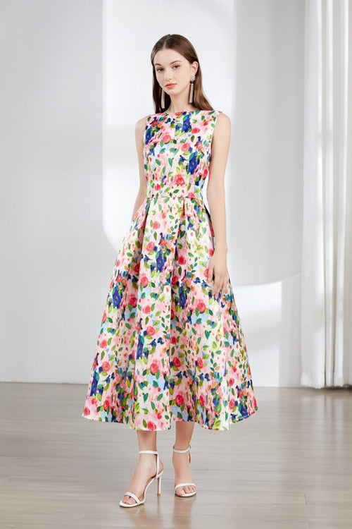 Floral Sleeveless Boatneck Flared A Line Midi Dress